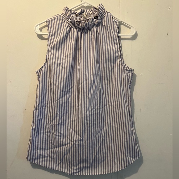 Banana Republic White & Lavender Blue Stripe Ruffle Neck Poplin Top Size Small - Picture 3 of 12